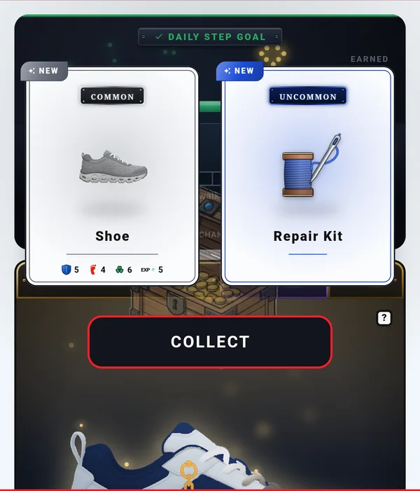 A crate opening and revealing a shoe and a repair kit