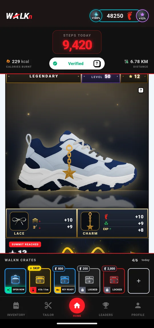 WALKn's home screen: today's verified steps above a Legendary shoe with its socketed lace and charm