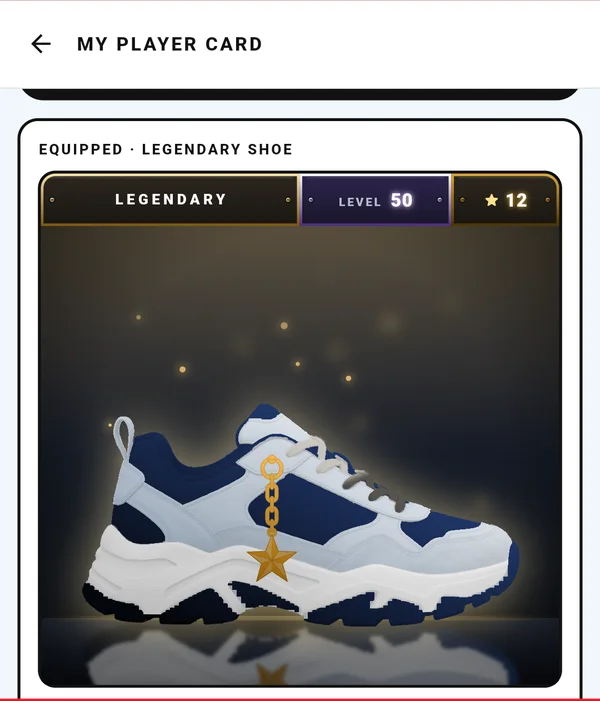 A player card showing an equipped Legendary shoe at level 50
